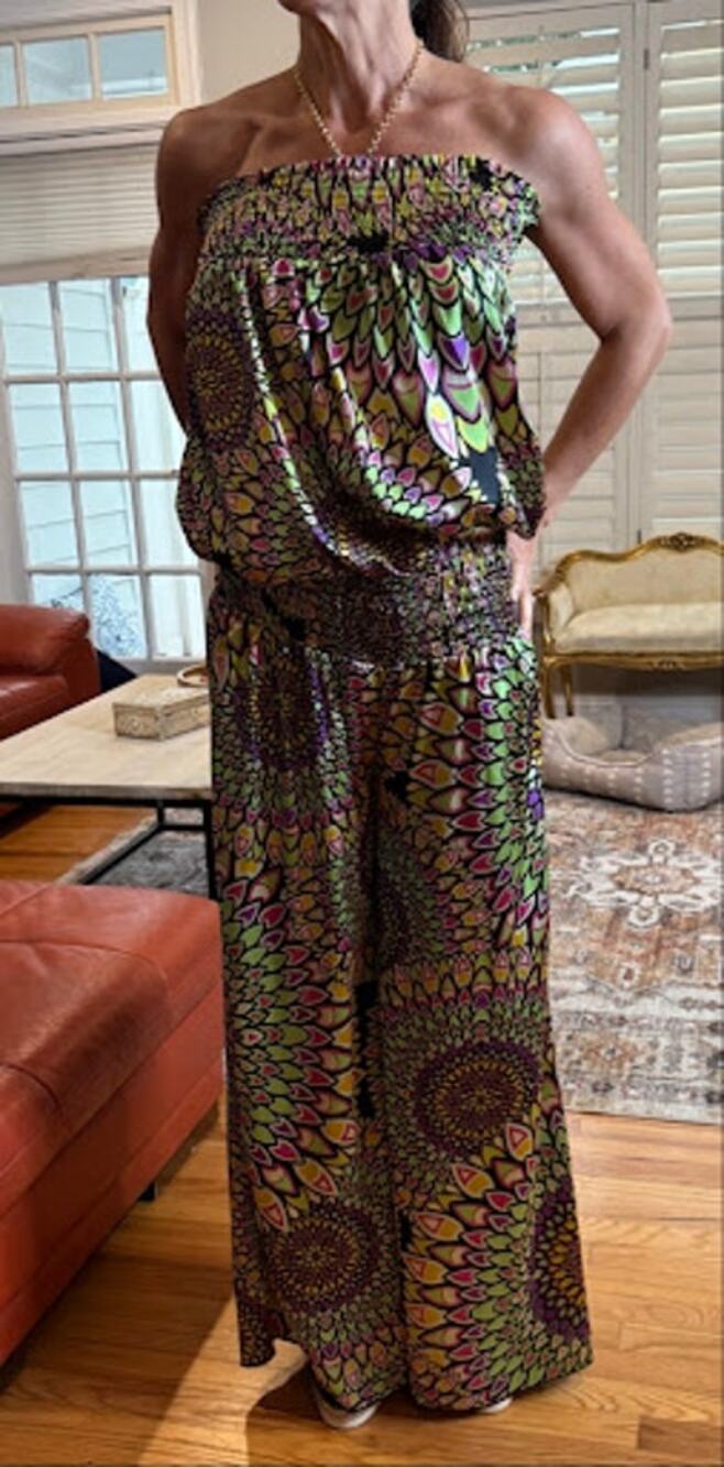 Classique Women's Medium Strapless Smocked Abstract Mandala Wide Leg Jumpsuit